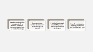 Regular followup done
postoperatively to
evaluate amblyopia ,
consecutive exotropia
or residual esotropia
If consecutive or
residual deviations are
large resurgery is
planned
If residual esotropia is
small full hyperopic
spectacle correction
can be given
Infantile esotropia can
develop good vision
but binocularity is poor
 