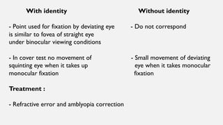 With identity Without identity
- Point used for fixation by deviating eye - Do not correspond
is similar to fovea of straight eye
under binocular viewing conditions
- In cover test no movement of - Small movement of deviating
squinting eye when it takes up eye when it takes monocular
monocular fixation fixation
Treatment :
- Refractive error and amblyopia correction
 