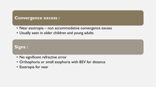Convergence excess :
• Near esotropia – non accommodative convergence excess
• Usually seen in older children and young adults
Signs :
• No significant refractive error
• Orthophoria or small esophoria with BSV for distance
• Esotropia for near
 