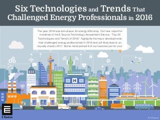 © E Source
The year 2016 was tumultuous for energy efficiency. Our new report for
members of the E Source Technology Assessment Service, “Top 20
Technologies and Trends of 2016,” highlights the major developments
that challenged energy professionals in 2016 and will likely lead to an
equally chaotic 2017. We’ve hand-picked 6 of our favorites just for you!
Six Technologies and Trends That
Challenged Energy Professionals in 2016
 