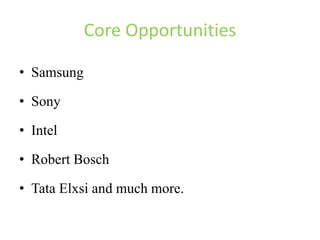 Core Opportunities
• Samsung
• Sony
• Intel
• Robert Bosch
• Tata Elxsi and much more.
 