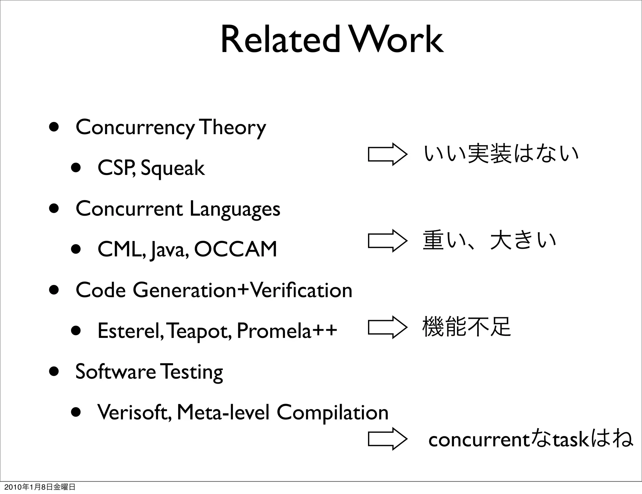 Related Work

               •   Concurrency Theory

                   •   CSP, Squeak

               •   Concurrent Languages

                   •   CML, Java, OCCAM

               •   Code Generation+Veriﬁcation

                   •   Esterel, Teapot, Promela++

               •   Software Testing

                   •   Verisoft, Meta-level Compilation
                                                          concurrent task
2010   1   8
 