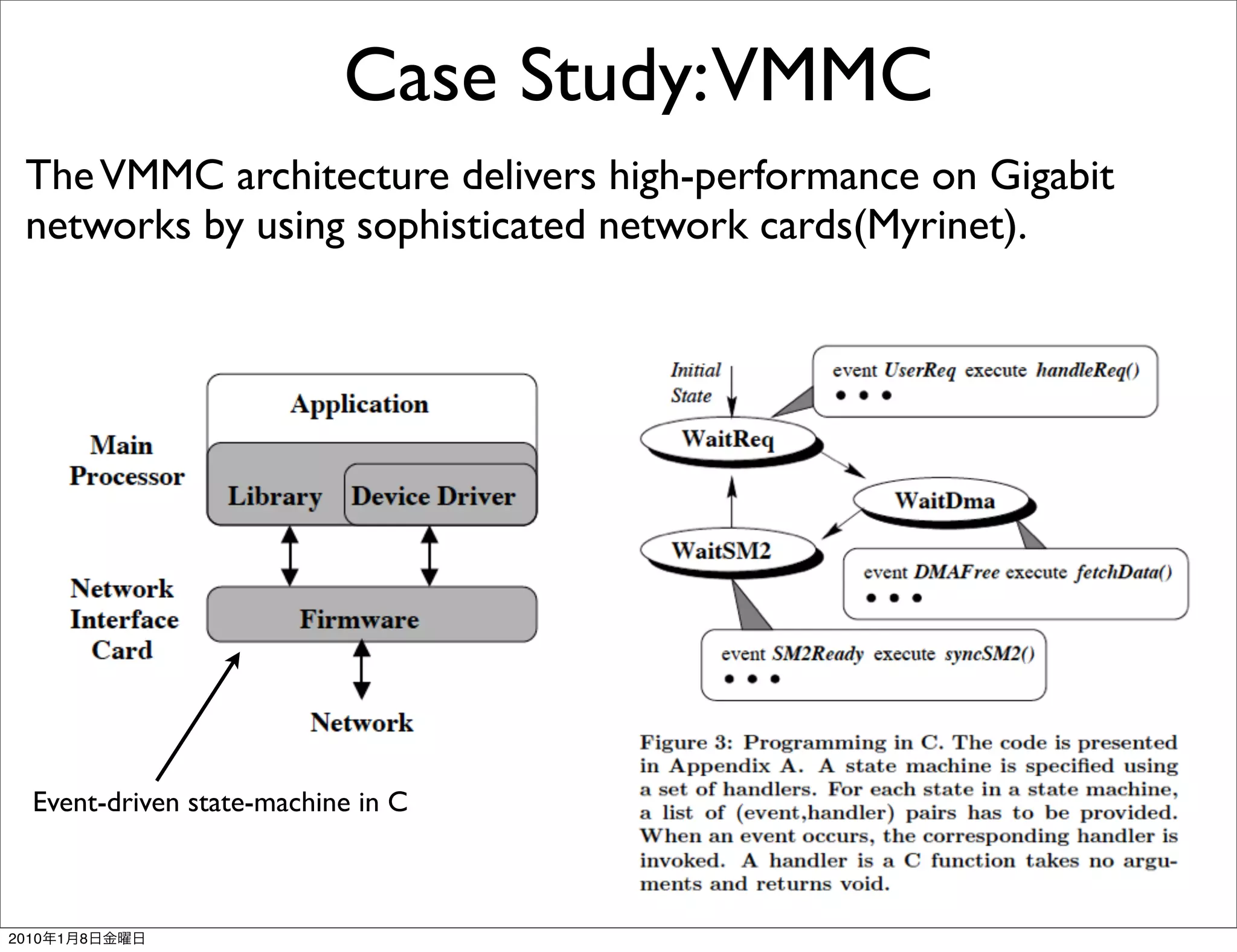 Case Study:VMMC
  The VMMC architecture delivers high-performance on Gigabit
  networks by using sophisticated network cards(Myrinet).




  Event-driven state-machine in C



2010   1   8
 