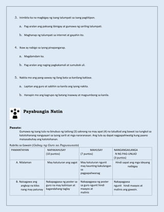 3. Inimbita ka na magbigay ng isang talumpati sa isang pagtitipon.
a. Pag-aralan ang paksang ibinigay at gumawa ng sariling talumpati.
b. Maghanap ng talumpati sa internet at gayahin ito.
4. Ikaw ay nabigo sa iyong pinapangarap.
a. Magdamdam ka.
b. Pag-aralan ang naging pagkakamali at sumubok uli.
5. Nakita mo ang pang-aaway ng ilang bata sa kanilang kaklase.
a. Lapitan ang guro at sabihin sa kanila ang iyong nakita.
b. Hanapin mo ang kagrupo ng batang inaaway at magsumbong sa kanila.
Payabungin Natin
Panuto:
Gumawa ng isang tula na binubuo ng tatlong (3) saknong na may apat (4) na taludtod ang bawat isa tungkol sa
katotohanang nangyayari sa iyong sarili at mga nararanasan. Ang tula ay dapat nagpapahiwatig kung paano
maisasabuhay ang katotohanan.
Rubriks sa Gawain (Gabay ng Guro sa Pagwawasto)
PAMANTAYAN NAPAKAHUSAY
(10 puntos)
MAHUSAY
(7 puntos)
NANGANGAILANGA
N NG PAG-UNLAD
(3 puntos)
A. Nilalaman May katuturan ang sagot May katuturan ngunit
may kaunting kakulangan
sa
pagpapaliwanag
Hindi sapat ang mga ideyang
naibigay
B. Naisagawa ang
angkop na kilos
nang may patunay
Nakapagpasa ng poster sa
guro na may kalinisan at
kagandahang taglay
Nakapagpasa ng poster
sa guro ngunit hindi
maayos at
malinis
Nakapagpasa
ngunit hindi maayos at
malinis ang gawain.
 