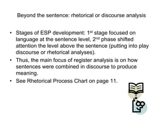 Beyond the sentence: rhetorical or discourse analysis
• Stages of ESP development: 1st stage focused on
language at the sentence level, 2nd phase shifted
attention the level above the sentence (putting into play
discourse or rhetorical analyses).
• Thus, the main focus of register analysis is on how
sentences were combined in discourse to produce
meaning.
• See Rhetorical Process Chart on page 11.

 