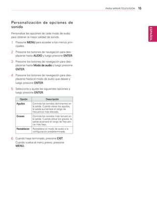 15
ESPAÑOL
PARA MIRAR TELEVISIÓN
Personalización de opciones de
sonido
Personalice las opciones de cada modo de audio
para obtener la mejor calidad de sonido.
1	 Presione MENU para acceder a los menús prin-
cipales.
2	 Presione los botones de navegación para des-
plazarse hasta AUDIO y luego presione ENTER.
3	 Presione los botones de navegación para des-
plazarse hasta Modo de audio y luego presione
ENTER.
4	 Presione los botones de navegación para des-
plazarse hasta el modo de audio que desee y
luego presione ENTER.
5	 Seleccione y ajuste las siguientes opciones y
luego presione ENTER.
6	 Cuando haya terminado, presione EXIT.
Cuando vuelva al menú previo, presione
MENU.
Opción Descripción
Agudos Controla los sonidos dominantes en
la salida. Cuando eleve los agudos,
la salida aumentará al rango de
frecuencia más elevado.
Graves Controla los sonidos más tenues en
la salida. Cuando eleve los graves, la
salida alcanzará el rango de frecuen-
cia más bajo.
Restablecer Restablece el modo de audio a la
configuración predeterminada.
 