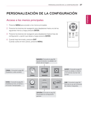 27
ESPAÑOL
PERSONALIZACIÓN DE LA CONFIGURACIÓN
PERSONALIZACIÓN DE LA CONFIGURACIÓN
Acceso a los menús principales
1	 Presione MENU para acceder a los menús principales.
2	 Presione los botones de navegación para desplazarse hasta uno de los
siguientes menús y luego presione ENTER.
3	 Presione los botones de navegación para desplazarse hasta el tipo de
configuración u opción que desee y luego presione ENTER.
4	 Cuando haya terminado, presione EXIT.
Cuando vuelva al menú previo, presione MENU.	
ENTER
CH
CH
VOL VOL
MENU EXIT SLEEP
USBVOL- USBVOL+
APC DASP ARC/MARK
CANAL
OPCIÓN
IMAGEN AUDIO
HORA USB
AUDIO ( Consulte la pág.31)
Ajusta la calidad, el efecto
y el nivel de volumen del
sonido.
IMAGEN ( Consulte la pág.29)
Ajusta el tamaño, la calidad o el
efecto de la imagen.
HORA ( Consulte la pág.32)
Establece la hora, la fecha o
la función Temporizador.
CANAL ( Consulte la pág.28)
Establece y edita canales.
USB ( Consulte la pág.34)
Permite el uso de funciones
de medios integrados.
OPCIÓN ( Consulte la pág.33)
Personaliza la configuración
general.
 
