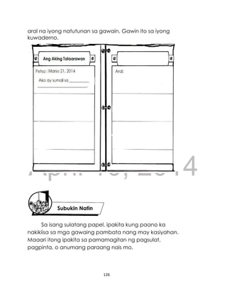 DRAFT
April 10, 2014
126
aral na iyong natutunan sa gawain. Gawin ito sa iyong
kuwaderno.
Sa isang sulatang papel, ipakita kung paano ka
nakikiisa sa mga gawaing pambata nang may kasiyahan.
Maaari itong ipakita sa pamamagitan ng pagsulat,
pagpinta, o anumang paraang nais mo.
Subukin Natin
 