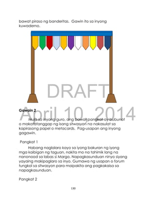 DRAFT
April 10, 2014
130
bawat piraso ng banderitas. Gawin ito sa inyong
kuwaderno.
Gawain 2
Mula sa inyong guro, ang bawat pangkat ay bubunot
o makatatanggap ng isang sitwasyon na nakasulat sa
kapirasong papel o metacards. Pag-usapan ang inyong
gagawin.
Pangkat 1
Habang naglalaro kayo sa iyong bakuran ng iyong
mga kaibigan ng taguan, nakita mo na tahimik lang na
nanonood sa labas si Margo. Napagkasunduan ninyo siyang
yayaing makipaglaro sa inyo. Gumawa ng usapan o forum
tungkol sa sitwasyon para maipakita ang pagkakaisa sa
napagkasunduan.
Pangkat 2
 