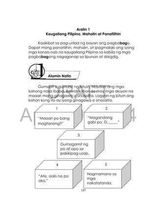 DRAFT
April 10, 2014
137
Aralin 1
Kaugaliang Pilipino, Mahalin at Panatilihin
Kaakibat sa pag-unlad ng bayan ang pagbabago.
Dapat mong panatilihin, mahalin, at ipagmalaki ang iyong
mga kanais-nais na kaugaliang Pilipino sa kabila ng mga
pagbabagong nagaganap sa lipunan at daigdig.
Gumupit o gumuhit ng bituin. Masdan ang mga
kahong nasa ibaba. Bawat kahon ay may mga aksyon na
maaari mong ginagawa o sinasalita. Lagyan ng bituin ang
kahon kung ito ay iyong ginagawa o sinasalita.
1
“Maaari po bang
magtanong?”
2
“Magandang
gabi po, G. ____.”
4 5
“Ate, aalis na po
ako.”
Nagmamano sa
mga
nakatatanda.
nakatatanda
3
Gumagamit ng
po at opo sa
pakikipag-usap.
Alamin Natin
 