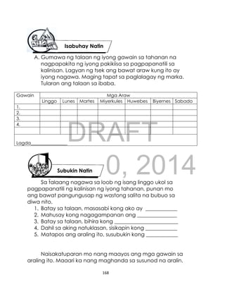 DRAFT
April 10, 2014
168
A. Gumawa ng talaan ng iyong gawain sa tahanan na
nagpapakita ng iyong pakikiisa sa pagpapanatili sa
kalinisan. Lagyan ng tsek ang bawat araw kung ito ay
iyong nagawa. Maging tapat sa paglalagay ng marka.
Tularan ang talaan sa ibaba.
Sa talaang nagawa sa loob ng isang linggo ukol sa
pagpapanatili ng kalinisan ng iyong tahanan, punan mo
ang bawat pangungusap ng wastong salita na bubuo sa
diwa nito.
1. Batay sa talaan, masasabi kong ako ay ____________
2. Mahusay kong nagagampanan ang _______________
3. Batay sa talaan, bihira kong ________________________
4. Dahil sa aking natuklasan, sisikapin kong ____________
5. Matapos ang araling ito, susubukin kong ____________
Naisakatuparan mo nang maayos ang mga gawain sa
araling ito. Maaari ka nang maghanda sa susunod na aralin.
Gawain Mga Araw
Linggo Lunes Martes Miyerkules Huwebes Biyernes Sabado
1.
2.
3.
4.
Lagda________________
Isabuhay Natin
Subukin Natin
 