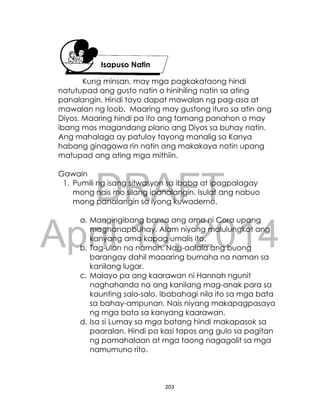 DRAFT
April 10, 2014
203
Kung minsan, may mga pagkakataong hindi
natutupad ang gusto natin o hinihiling natin sa ating
panalangin. Hindi tayo dapat mawalan ng pag-asa at
mawalan ng loob. Maaring may gustong ituro sa atin ang
Diyos. Maaring hindi pa ito ang tamang panahon o may
ibang mas magandang plano ang Diyos sa buhay natin.
Ang mahalaga ay patuloy tayong manalig sa Kanya
habang ginagawa rin natin ang makakaya natin upang
matupad ang ating mga mithiin.
Gawain
1. Pumili ng isang sitwasyon sa ibaba at ipagpalagay
mong nais mo silang ipanalangin. Isulat ang nabuo
mong panalangin sa iyong kuwaderno.
a. Mangingibang bansa ang ama ni Cora upang
maghanapbuhay. Alam niyang malulungkot ang
kanyang ama kapag umalis ito.
b. Tag-ulan na naman. Nag-aalala ang buong
barangay dahil maaaring bumaha na naman sa
kanilang lugar.
c. Malayo pa ang kaarawan ni Hannah ngunit
naghahanda na ang kanilang mag-anak para sa
kaunting salo-salo. Ibabahagi nila ito sa mga bata
sa bahay-ampunan. Nais niyang makapagpasaya
ng mga bata sa kanyang kaarawan.
d. Isa si Lumay sa mga batang hindi makapasok sa
paaralan. Hindi pa kasi tapos ang gulo sa pagitan
ng pamahalaan at mga taong nagagalit sa mga
namumuno rito.
Isapuso Natin
 