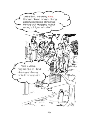 DRAFT
April 10, 2014
223
“Ako si Bulit. Isa akong Ayta.
Umaasa ako na maayos akong
pakikitunguhan ng aking mga
kamag-aral. Magiging mabuti
akong kaibigan sa kanila.”
“Ako si Maita.
Nagsisisi ako na hindi
ako nag-aral nang
mabuti. Umaasa ako
na_______________
“____________________
_.”
 