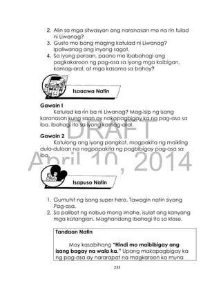 DRAFT
April 10, 2014
233
2. Alin sa mga sitwasyon ang naranasan mo na rin tulad
ni Liwanag?
3. Gusto mo bang maging katulad ni Liwanag?
Ipaliwanag ang inyong sagot.
4. Sa iyong paraan, paano mo ibabahagi ang
pagkakaroon ng pag-asa sa iyong mga kaibigan,
kamag-aral, at mga kasama sa bahay?
Gawain I
Katulad ka rin ba ni Liwanag? Mag-isip ng isang
karanasan kung saan ay nakapagbigay ka ng pag-asa sa
iba. Ibahagi ito sa iyong kamag-aral.
Gawain 2
Katulong ang iyong pangkat, magpakita ng maikling
dula-dulaan na nagpapakita ng pagbibigay pag-asa sa
iba.
1. Gumuhit ng isang super hero. Tawagin natin siyang
Pag-asa.
2. Sa palibot ng nabuo mong imahe, isulat ang kanyang
mga katangian. Maghandang ibahagi ito sa klase.
Tandaan Natin
May kasabihang “Hindi mo maibibigay ang
isang bagay na wala ka.” Upang makapagbigay ka
ng pag-asa ay nararapat na magkaroon ka muna
Isapuso Natin
Isagawa Natin
 