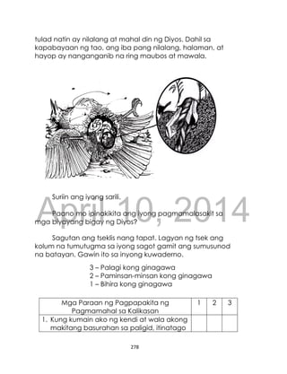 DRAFT
April 10, 2014
278
tulad natin ay nilalang at mahal din ng Diyos. Dahil sa
kapabayaan ng tao, ang iba pang nilalang, halaman, at
hayop ay nanganganib na ring maubos at mawala.
Suriin ang iyong sarili.
Paano mo ipinakikita ang iyong pagmamalasakit sa
mga biyayang bigay ng Diyos?
Sagutan ang tseklis nang tapat. Lagyan ng tsek ang
kolum na tumutugma sa iyong sagot gamit ang sumusunod
na batayan. Gawin ito sa inyong kuwaderno.
3 – Palagi kong ginagawa
2 – Paminsan-minsan kong ginagawa
1 – Bihira kong ginagawa
Mga Paraan ng Pagpapakita ng
Pagmamahal sa Kalikasan
1 2 3
1. Kung kumain ako ng kendi at wala akong
makitang basurahan sa paligid, itinatago
 