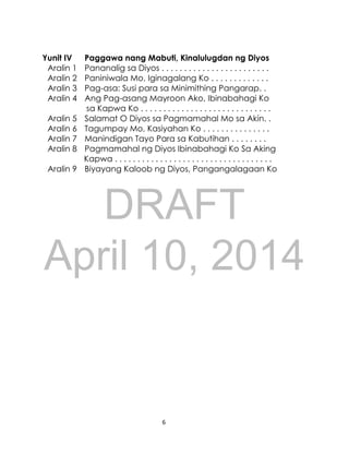DRAFT
April 10, 2014
6
Yunit IV Paggawa nang Mabuti, Kinalulugdan ng Diyos
Aralin 1 Pananalig sa Diyos . . . . . . . . . . . . . . . . . . . . . . . .
Aralin 2 Paniniwala Mo, Iginagalang Ko . . . . . . . . . . . . .
Aralin 3 Pag-asa: Susi para sa Minimithing Pangarap. .
Aralin 4 Ang Pag-asang Mayroon Ako, Ibinabahagi Ko
sa Kapwa Ko . . . . . . . . . . . . . . . . . . . . . . . . . . . . .
Aralin 5 Salamat O Diyos sa Pagmamahal Mo sa Akin. .
Aralin 6 Tagumpay Mo, Kasiyahan Ko . . . . . . . . . . . . . . .
Aralin 7 Manindigan Tayo Para sa Kabutihan . . . . . . . .
Aralin 8 Pagmamahal ng Diyos Ibinabahagi Ko Sa Aking
Kapwa . . . . . . . . . . . . . . . . . . . . . . . . . . . . . . . . . . .
Aralin 9 Biyayang Kaloob ng Diyos, Pangangalagaan Ko
 