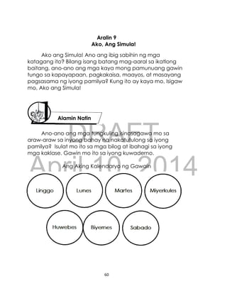 DRAFT
April 10, 2014
60
Aralin 9
Ako, Ang Simula!
Ako ang Simula! Ano ang ibig sabihin ng mga
katagang ito? Bilang isang batang mag-aaral sa ikatlong
baitang, ano-ano ang mga kaya mong pamunuang gawin
tungo sa kapayapaan, pagkakaisa, maayos, at masayang
pagsasama ng iyong pamilya? Kung ito ay kaya mo, Isigaw
mo, Ako ang Simula!
Ano-ano ang mga tungkuling isinasagawa mo sa
araw-araw sa inyong bahay na nakatutulong sa iyong
pamilya? Isulat mo ito sa mga bilog at ibahagi sa iyong
mga kaklase. Gawin mo ito sa iyong kuwaderno.
Ang Aking Kalendaryo ng Gawain
Alamin Natin
 