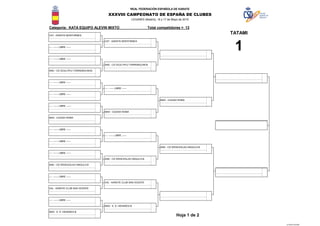 Categoría: KATA EQUIPO ALEVIN MIXTO Total competidores = 13
LEGANES (Madrid), 16 y 17 de Mayo de 2015
XXXVIII CAMPEONATO DE ESPAÑA DE CLUBES
REAL FEDERACIÓN ESPAÑOLA DE KARATE
AND - CD WENCESLAO ANGULO-B
TATAMI
1
Hoja 1 de 2
MAD - E. D. HENARES-B
MAD - CIUDAD ROMA
--- - ------ LIBRE ------
--- - ------ LIBRE ------
CAT - KARATE MONTORNES
AND - CD GOJU RYU TORREMOLINOS
.
--- - ------ LIBRE ------
--- - ------ LIBRE ------
VAL - KARATE CLUB SAN VICENTE
--- - ------ LIBRE ------
--- - ------ LIBRE ------
CAT - KARATE MONTORNES
AND - CD GOJU RYU TORREMOLINOS
--- - ------ LIBRE ------
--- - ------ LIBRE ------
--- - ------ LIBRE ------
--- - ------ LIBRE ------
AND - CD WENCESLAO ANGULO-B
--- - ------ LIBRE ------
AND - CD WENCESLAO ANGULO-B
.
--- - ------ LIBRE ------
MAD - CIUDAD ROMA
MAD - CIUDAD ROMA
MAD - E. D. HENARES-B
VAL - KARATE CLUB SAN VICENTE
01-KATA ALEVIN
 