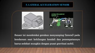 Sensor ini mendeteksi gerakan menyamping (lateral) pada
kendaraan saat kehilangan kendali dan penempatannya
harus sedekat mungkin dengan pusat gravitasi mobil.
5. LATERAL ACCELERATION SENSOR
 