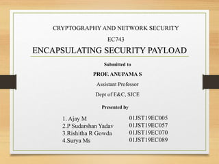 ENCAPSULATING SECURITY PAYLOAD
Submitted to
PROF. ANUPAMA S
Assistant Professor
Dept of E&C, SJCE
CRYPTOGRAPHY AND NETWORK SECURITY
EC743
1. Ajay M
2.P Sudarshan Yadav
3.Rishitha R Gowda
4.Surya Ms
01JST19EC005
01JST19EC057
01JST19EC070
01JST19EC089
Presented by
 