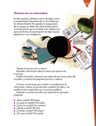 Noticias de su comunidad
Formen equipos y platiquen acerca de algún suceso
o acontecimiento importante de su comunidad que
les interese difundir. Por ejemplo, la inauguración
de un parque, la celebración de las fiestas patrias,
el mantenimiento que se ha dado a las coladeras en
época de lluvias o la participación de algún equipo
deportivo en una competencia.
103
Planeen la escritura de su noticia.

Recopilen información sobre la noticia que quieren dar
a conocer.

Pueden entrevistar a personas que sepan de ese suceso; para ello
acuerden y escriban las preguntas que van a realizar.
Si hacen uso de textos para ampliar o complementar la
información, utilicen el resumen para sintetizar los datos, o la
paráfrasis para registrarlos con sus propias palabras.
Redacten un primer borrador que responda las siguientes
preguntas.
■
■ ¿Qué sucedió? (El hecho).
■
■ ¿A quién le sucedió? (El sujeto).
■
■ ¿Cómo le sucedió? (La manera).
■
■ ¿Dónde sucedió? (El sitio).
■
■ ¿Cuándo sucedió? (El tiempo).
■
■ ¿Por qué sucedió? (La causa).
ESPAÑOL-3-P-001-160.indd 103 31/12/18 12:24
 