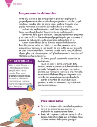 BLOQUE IV
110
Los procesos de elaboración
Invita a tu escuela a dos o tres personas para que expliquen al
grupo el proceso de elaboración de algún producto: tamales, papel
reciclado, helados, ollas de barro, ropa, etcétera. Pregunta a tus
papás, hermanos o conocidos qué saben hacer e invítalos.
Los invitados explicarán cómo se elabora el producto; pueden
llevar ejemplos de los distintos momentos de la elaboración.
Toma notas de lo que te expliquen. Después podrás hacer preguntas
y exponer tus dudas. Recuerda que el propósito principal es conocer el
proceso de elaboración, no la preparación del producto en sí.
Puedes hacer dibujos de las distintas etapas de elaboración.
También puedes visitar una fábrica o un taller y conocer otros
procesos; por ejemplo, la fabricación de una tortilla es muy diferente
en casa y en una tortillería. Lo mismo sucede con la ropa, el jabón y
el pan. ¿Por qué piensas que es así? ¿Tendrá que ver la maquinaria?
Platícalo con tus compañeros.
En forma grupal, comenta la exposición de
Consulta en…
Visita el portal Primaria tic,
http://basica.primariatic.
sep.gob.mx/ y en la
pestaña Busca anota:
Diseñando instructivos.
Encontrarás información
relacionada con este tema
que te servirá para realizar tu
texto descriptivo.
los invitados.
Revisa tus notas y, con la orientación de tu
maestro, resume el proceso de elaboración de cada
producto. Es importante que tengas claro qué va
primero, qué va después y qué va al final. Para ello,
es recomendable hacer dibujos o diagramas para
recordar esa secuencia que después describirás.
Escribe el nombre de un producto cuyo
proceso de elaboración conozcas y coméntalo
con tus compañeros.


Para tomar notas
■
■ Escucha la información y escribe las palabras
clave o las oraciones que resuman lo
explicado; no esperes que te dicten.
■
■ Anota sólo los pasos principales, no escribas los
detalles. Pide a tu invitado que, al finalizar, haga
un breve recuento de los pasos que siguió.
ESP-3-P-001-160.indd 110 9/12/16 1:43 p.m.
 