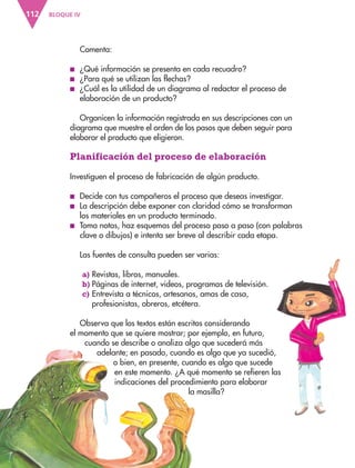 BLOQUE IV
112
Planificación del proceso de elaboración
Investiguen el proceso de fabricación de algún producto.
■
■ Decide con tus compañeros el proceso que deseas investigar.
■
■ La descripción debe exponer con claridad cómo se transforman
los materiales en un producto terminado.
■
■ Toma notas, haz esquemas del proceso paso a paso (con palabras
clave o dibujos) e intenta ser breve al describir cada etapa.
Las fuentes de consulta pueden ser varias:
a) Revistas, libros, manuales.
b) Páginas de internet, videos, programas de televisión.
c) Entrevista a técnicos, artesanos, amas de casa,
profesionistas, obreros, etcétera.
Observa que los textos están escritos considerando
el momento que se quiere mostrar; por ejemplo, en futuro,
cuando se describe o analiza algo que sucederá más
adelante; en pasado, cuando es algo que ya sucedió,
o bien, en presente, cuando es algo que sucede
en este momento. ¿A qué momento se refieren las
indicaciones del procedimiento para elaborar
la masilla?
Comenta:
■
■ ¿Qué información se presenta en cada recuadro?
■
■ ¿Para qué se utilizan las flechas?
■
■ ¿Cuál es la utilidad de un diagrama al redactar el proceso de
elaboración de un producto?
Organicen la información registrada en sus descripciones con un
diagrama que muestre el orden de los pasos que deben seguir para
elaborar el producto que eligieron.
ESP-3-P-001-160.indd 112 19/08/15 12:07
 