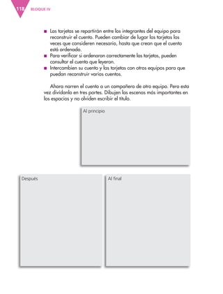 BLOQUE IV
118
Al principio
Después Al final
■
■ Las tarjetas se repartirán entre los integrantes del equipo para
reconstruir el cuento. Pueden cambiar de lugar las tarjetas las
veces que consideren necesario, hasta que crean que el cuento
está ordenado.
■
■ Para verificar si ordenaron correctamente las tarjetas, pueden
consultar el cuento que leyeron.
■
■ Intercambien su cuento y las tarjetas con otros equipos para que
puedan reconstruir varios cuentos.
Ahora narren el cuento a un compañero de otro equipo. Pero esta
vez divídanlo en tres partes. Dibujen las escenas más importantes en
los espacios y no olviden escribir el título.
ESP-3-P-001-160.indd 118 19/08/15 12:07
 