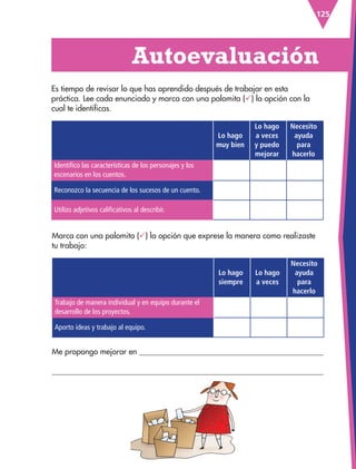 125
Lo hago
muy bien
Lo hago
a veces
y puedo
mejorar
Necesito
ayuda
para
hacerlo
Identifico las características de los personajes y los
escenarios en los cuentos.
Reconozco la secuencia de los sucesos de un cuento.
Utilizo adjetivos calificativos al describir.
Lo hago
siempre
Lo hago
a veces
Necesito
ayuda
para
hacerlo
Trabajo de manera individual y en equipo durante el
desarrollo de los proyectos.
Aporto ideas y trabajo al equipo.
Es tiempo de revisar lo que has aprendido después de trabajar en esta
práctica. Lee cada enunciado y marca con una palomita () la opción con la
cual te identificas.
  Autoevaluación
Me propongo mejorar en 

Marca con una palomita () la opción que exprese la manera como realizaste
tu trabajo:
ESP-3-P-001-160.indd 125 19/08/15 12:07
 