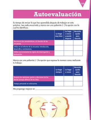 135
Lo hago
muy bien
Lo hago
a veces
y puedo
mejorar
Necesito
ayuda
para
hacerlo
Reconozco las características y la función de las
encuestas.
Utilizo en el informe de la encuesta: introducción,
desarrollo y conclusiones.
Utilizo correctamente los signos de interrogación y
puntuación.
Lo hago
siempre
Lo hago
a veces
Necesito
ayuda
para
hacerlo
Respeto las opiniones, gustos y elecciones de los
demás aunque difieran de los míos.
Trabajo pensando en esforzarme.
Es tiempo de revisar lo que has aprendido después de trabajar en esta
práctica. Lee cada enunciado y marca con una palomita () la opción con la
cual te identificas.
  Autoevaluación
Me propongo mejorar en 

Marca con una palomita () la opción que exprese la manera como realizaste
tu trabajo:
ESP-3-P-001-160.indd 135 19/08/15 12:07
 