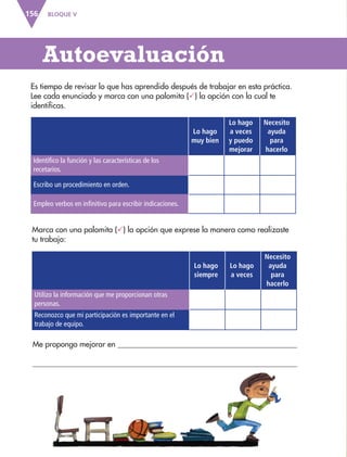 BLOQUE V
156
Lo hago
muy bien
Lo hago
a veces
y puedo
mejorar
Necesito
ayuda
para
hacerlo
Identifico la función y las características de los
recetarios.
Escribo un procedimiento en orden.
Empleo verbos en infinitivo para escribir indicaciones.
Lo hago
siempre
Lo hago
a veces
Necesito
ayuda
para
hacerlo
Utilizo la información que me proporcionan otras
personas.
Reconozco que mi participación es importante en el
trabajo de equipo.
Es tiempo de revisar lo que has aprendido después de trabajar en esta práctica.
Lee cada enunciado y marca con una palomita () la opción con la cual te
identificas.
Autoevaluación
Me propongo mejorar en 

Marca con una palomita () la opción que exprese la manera como realizaste
tu trabajo:
ESP-3-P-001-160.indd 156 19/08/15 12:08
 
