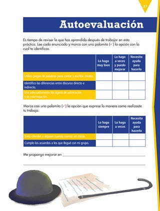 27
Lo hago
muy bien
Lo hago
a veces
y puedo
mejorar
Necesito
ayuda
para
hacerlo
Utilizo juegos de palabras para contar y escribir chistes.
Identifico las diferencias entre discurso directo e
indirecto.
Uso adecuadamente los signos de admiración
y de interrogación.
Lo hago
siempre
Lo hago
a veces
Necesito
ayuda
para
hacerlo
Evito ofender a alguien cuando cuento un chiste.
Cumplo los acuerdos a los que llegué con mi grupo.
Es tiempo de revisar lo que has aprendido después de trabajar en esta
práctica. Lee cada enunciado y marca con una palomita () la opción con la
cual te identificas.
Me propongo mejorar en 

  Autoevaluación
Marca con una palomita () la opción que exprese la manera como realizaste
tu trabajo:
ESP-3-P-001-160.indd 27 19/08/15 12:06
 