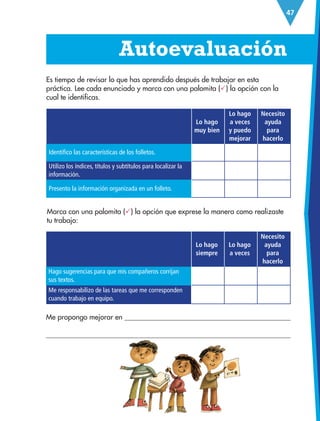 47
Lo hago
muy bien
Lo hago
a veces
y puedo
mejorar
Necesito
ayuda
para
hacerlo
Identifico las características de los folletos.
Utilizo los índices, títulos y subtítulos para localizar la
información.
Presento la información organizada en un folleto.
Lo hago
siempre
Lo hago
a veces
Necesito
ayuda
para
hacerlo
Hago sugerencias para que mis compañeros corrijan
sus textos.
Me responsabilizo de las tareas que me corresponden
cuando trabajo en equipo.
Es tiempo de revisar lo que has aprendido después de trabajar en esta
práctica. Lee cada enunciado y marca con una palomita () la opción con la
cual te identificas.
  Autoevaluación
Me propongo mejorar en 

Marca con una palomita () la opción que exprese la manera como realizaste
tu trabajo:
ESP-3-P-001-160.indd 47 19/08/15 12:07
 