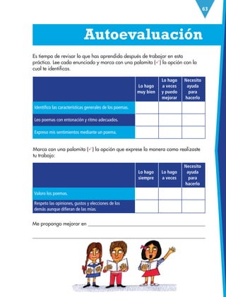 63
Lo hago
muy bien
Lo hago
a veces
y puedo
mejorar
Necesito
ayuda
para
hacerlo
Identifico las características generales de los poemas.
Leo poemas con entonación y ritmo adecuados.
Expreso mis sentimientos mediante un poema.
Lo hago
siempre
Lo hago
a veces
Necesito
ayuda
para
hacerlo
Valoro los poemas.
Respeto las opiniones, gustos y elecciones de los
demás aunque difieran de las mías.
Es tiempo de revisar lo que has aprendido después de trabajar en esta
práctica. Lee cada enunciado y marca con una palomita () la opción con la
cual te identificas.
  Autoevaluación
Me propongo mejorar en 

Marca con una palomita () la opción que exprese la manera como realizaste
tu trabajo:
ESP-3-P-001-160.indd 63 19/08/15 12:07
 