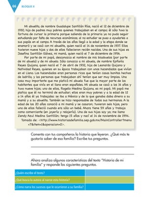BLOQUE II
66
Comenta con tus compañeros la historia que leyeron. ¿Qué más te
gustaría saber de esa familia? Escribe tus preguntas.


Ahora analiza algunas características del texto “Historia de mi
familia” y responde las siguientes preguntas.
¿Quién escribe el texto?
¿Qué busca la autora al narrar esta historia?
¿Cómo narra los sucesos que le ocurrieron a su familia?
		 Mi abuelito, de nombre Guadalupe Santillán Ríos, nació el 12 de diciembre de
1930, hijo de padres muy pobres quienes trabajaban en el campo; él sólo tuvo la
fortuna de cursar la primaria porque saliendo de la primaria ya no pudo seguir
estudiando por falta de recursos económicos; al no estudiar se puso a ayudarles a
sus papás en el campo. A través de los años llegó a la edad y la etapa donde se
enamoró y se casó con mi abuelita, quien nació el 14 de noviembre de 1937. Ellos
tuvieron nueve hijos y dos de ellos fallecieron recién nacidos. Una de sus hijas es
Josefina Santillán Gálvez, mi mamá, quien nació el 7 de diciembre de 1956.
		 Por parte de mi papá, desconozco el nombre de mis bisabuelos (por parte
de mi abuelo) y de mi abuelo. Sólo conozco a mi abuela, de nombre Epifanía
Reyes Quijano, quien nació el 7 de abril de 1932, hija de Leonardo Quijano y
Natividad Reyes, quienes en su época trabajaban con unos hacendados que vivían
en el Llano. Los hacendados eran personas ricas que tenían casas bonitas hechas
de ladrillo, y las personas que trabajaban ahí tenían que ser muy limpias. Una
cosa muy importante que me platicó mi abuela fue que la mayor parte de los
habitantes que vivía en el llano eran españoles. Mi abuela se casó a los 16 años y
tuvo nueve hijos; uno de ellos, Rogelio Medina Quijano, es mi papá. Mi papá me
platica que él no terminó de estudiar; ellos eran muy pobres y a la edad de 12
o 14 años él ya trabajaba: se iba a México y de lo que ganaba daba dinero a su
mamá y a su abuelita. También se hizo responsable de todos sus hermanos. A la
edad de los 20 años conoció a mi mamá y se casaron; tuvieron seis hijos, pero
uno de ellos falleció cuando era sólo un bebé. Ahora tiene 59 años y trabaja
como comerciante (en joyería y relojería). Una de sus hijas soy yo; me llamo
Zendy Azul Medina Santillán; tengo 15 años y nací el 14 de noviembre de 1994.
Tomado de: http:/
/www.historiasdefamilia.sep.gob.mx/MainController?menu
=7item=1operacion=0.
ESP-3-P-001-160.indd 66 19/08/15 12:07
 