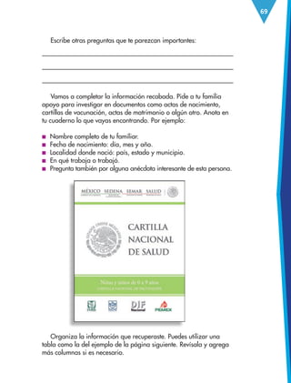 69
Escribe otras preguntas que te parezcan importantes:



Vamos a completar la información recabada. Pide a tu familia
apoyo para investigar en documentos como actas de nacimiento,
cartillas de vacunación, actas de matrimonio o algún otro. Anota en
tu cuaderno lo que vayas encontrando. Por ejemplo:
■
■ Nombre completo de tu familiar.
■
■ Fecha de nacimiento: día, mes y año.
■
■ Localidad donde nació: país, estado y municipio.
■
■ En qué trabaja o trabajó.
■
■ Pregunta también por alguna anécdota interesante de esta persona.
Organiza la información que recuperaste. Puedes utilizar una
tabla como la del ejemplo de la página siguiente. Revísala y agrega
más columnas si es necesario.
ESP-3-P-001-160.indd 69 19/08/15 12:07
 