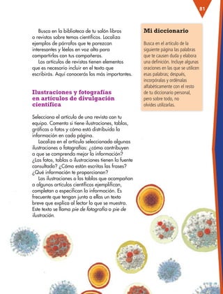 81
Mi diccionario
Busca en el artículo de la
siguiente página las palabras
que te causen duda y elabora
una definición. Incluye algunas
oraciones en las que se utilicen
esas palabras; después,
incorpóralas y ordénalas
alfabéticamente con el resto
de tu diccionario personal,
pero sobre todo, no
olvides utilizarlas.
Busca en la biblioteca de tu salón libros
o revistas sobre temas científicos. Localiza
ejemplos de párrafos que te parezcan
interesantes y léelos en voz alta para
compartirlos con tus compañeros.
Los artículos de revistas tienen elementos
que es necesario incluir en el texto que
escribirás. Aquí conocerás los más importantes.
Ilustraciones y fotografías
en artículos de divulgación
científica
Selecciona el artículo de una revista con tu
equipo. Comenta si tiene ilustraciones, tablas,
gráficas o fotos y cómo está distribuida la
información en cada página.
Localiza en el artículo seleccionado algunas
ilustraciones o fotografías: ¿cómo contribuyen
a que se comprenda mejor la información?
¿Las fotos, tablas o ilustraciones tienen la fuente
consultada? ¿Cómo están escritas las frases?
¿Qué información te proporcionan?
Las ilustraciones o las tablas que acompañan
a algunos artículos científicos ejemplifican,
completan o especifican la información. Es
frecuente que tengan junto a ellas un texto
breve que explica al lector lo que se muestra.
Este texto se llama pie de fotografía o pie de
ilustración.
ESP-3-P-001-160.indd 81 19/08/15 12:07
 