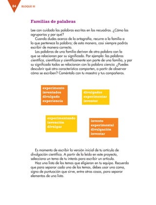 BLOQUE III
84
Es momento de escribir la versión inicial de tu artículo de
divulgación científica. A partir de lo leído en este proyecto,
selecciona un tema de tu interés para escribir un artículo.
Haz una lista de los temas que eligieron en tu equipo. Recuerda
que para separar cada uno de los temas, debes usar una coma,
signo de puntuación que sirve, entre otras cosas, para separar
elementos de una lista.
Familias de palabras
Lee con cuidado las palabras escritas en los recuadros. ¿Cómo las
agruparías y por qué?
Cuando dudes acerca de la ortografía, recurre a la familia a
la que pertenece la palabra; de esta manera, casi siempre podrás
escribir de manera correcta.
Las palabras de una familia derivan de otra palabra con la
que se relacionan por su significado. Por ejemplo: las palabras
científica, científicos y científicamente son parte de una familia, y por
su significado todas se relacionan con la palabra ciencia. ¿Puedes
descubrir qué otra característica comparten, a partir de observar
cómo se escriben? Coméntalo con tu maestro y tus compañeros.
experimento
inventados
divulgado
experiencia
experimentando
invención
divulgar
divulgador
experimentar
inventor
invento
experimental
divulgación
inventar
ESP-3-P-001-160.indd 84 19/08/15 12:07
 