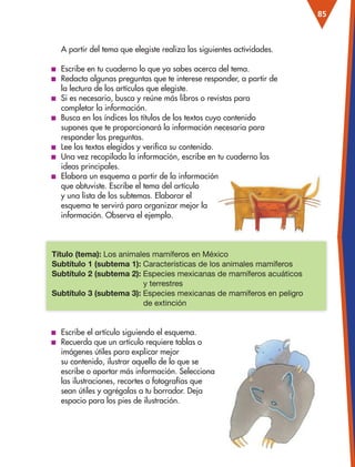 85
A partir del tema que elegiste realiza las siguientes actividades.
■
■ Escribe en tu cuaderno lo que ya sabes acerca del tema.
■
■ Redacta algunas preguntas que te interese responder, a partir de
la lectura de los artículos que elegiste.
■
■ Si es necesario, busca y reúne más libros o revistas para
completar la información.
■
■ Busca en los índices los títulos de los textos cuyo contenido
supones que te proporcionará la información necesaria para
responder las preguntas.
■
■ Lee los textos elegidos y verifica su contenido.
■
■ Una vez recopilada la información, escribe en tu cuaderno las
ideas principales.
■
■ Elabora un esquema a partir de la información
que obtuviste. Escribe el tema del artículo
y una lista de los subtemas. Elaborar el
esquema te servirá para organizar mejor la
información. Observa el ejemplo.
Título (tema): Los animales mamíferos en México
Subtítulo 1 (subtema 1): Características de los animales mamíferos
Subtítulo 2 (subtema 2): Especies mexicanas de mamíferos acuáticos
y terrestres
Subtítulo 3 (subtema 3): Especies mexicanas de mamíferos en peligro
de extinción
■
■ Escribe el artículo siguiendo el esquema.
■
■ Recuerda que un artículo requiere tablas o
imágenes útiles para explicar mejor
su contenido, ilustrar aquello de lo que se
escribe o aportar más información. Selecciona
las ilustraciones, recortes o fotografías que
sean útiles y agrégalas a tu borrador. Deja
espacio para los pies de ilustración.
ESP-3-P-001-160.indd 85 19/08/15 12:07
 