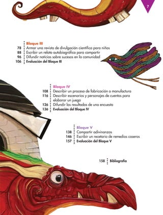 7
		
Bloque III
78 Armar una revista de divulgación científica para niños
88 Escribir un relato autobiográfico para compartir
96 Difundir noticias sobre sucesos en la comunidad
106 Evaluación del Bloque III
		
Bloque IV
108 Describir un proceso de fabricación o manufactura
116 Describir escenarios y personajes de cuentos para
		 elaborar un juego
126 Difundir los resultados de una encuesta
136 Evaluación del Bloque IV
		
Bloque V
138 Compartir adivinanzas
146 Escribir un recetario de remedios caseros
157 Evaluación del Bloque V
158 Bibliografía
ESP-3-P-001-160.indd 7 19/08/15 12:06
 
