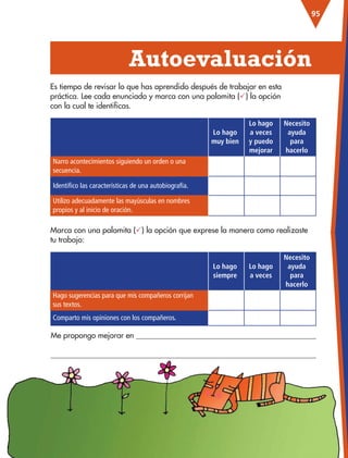95
Lo hago
muy bien
Lo hago
a veces
y puedo
mejorar
Necesito
ayuda
para
hacerlo
Narro acontecimientos siguiendo un orden o una
secuencia.
Identifico las características de una autobiografía.
Utilizo adecuadamente las mayúsculas en nombres
propios y al inicio de oración.
Lo hago
siempre
Lo hago
a veces
Necesito
ayuda
para
hacerlo
Hago sugerencias para que mis compañeros corrijan
sus textos.
Comparto mis opiniones con los compañeros.
Es tiempo de revisar lo que has aprendido después de trabajar en esta
práctica. Lee cada enunciado y marca con una palomita () la opción
con la cual te identificas.
  Autoevaluación
Me propongo mejorar en 

Marca con una palomita () la opción que exprese la manera como realizaste
tu trabajo:
ESP-3-P-001-160.indd 95 19/08/15 12:07
 