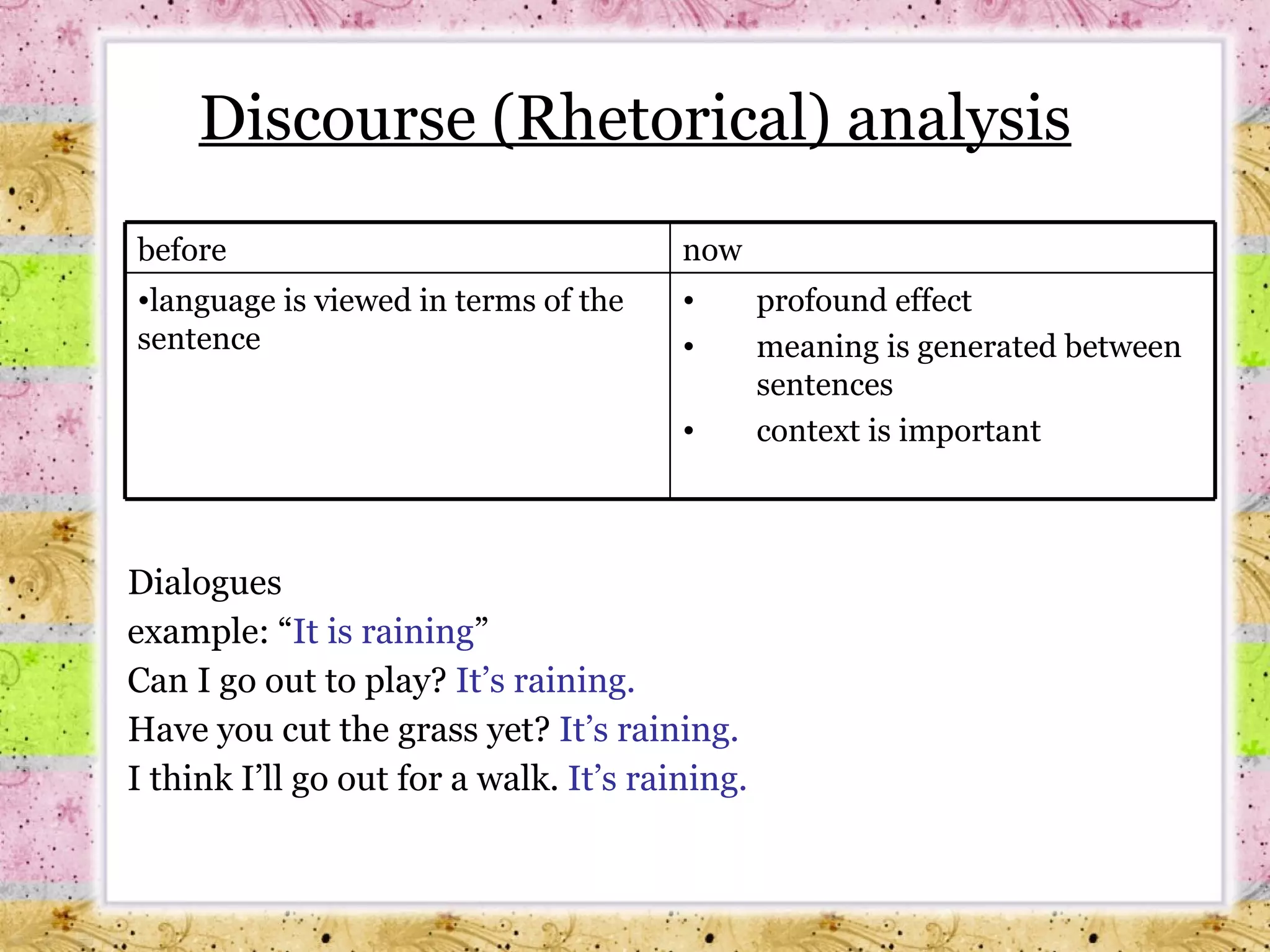 Discourse (Rhetorical) analysis Dialogues  example: “ It is raining ” Can I go out to play?  It’s raining. Have you cut the grass yet?  It’s raining. I think I’ll go out for a walk.  It’s raining. profound effect meaning is generated between sentences context is important language is viewed in terms of the sentence now before 