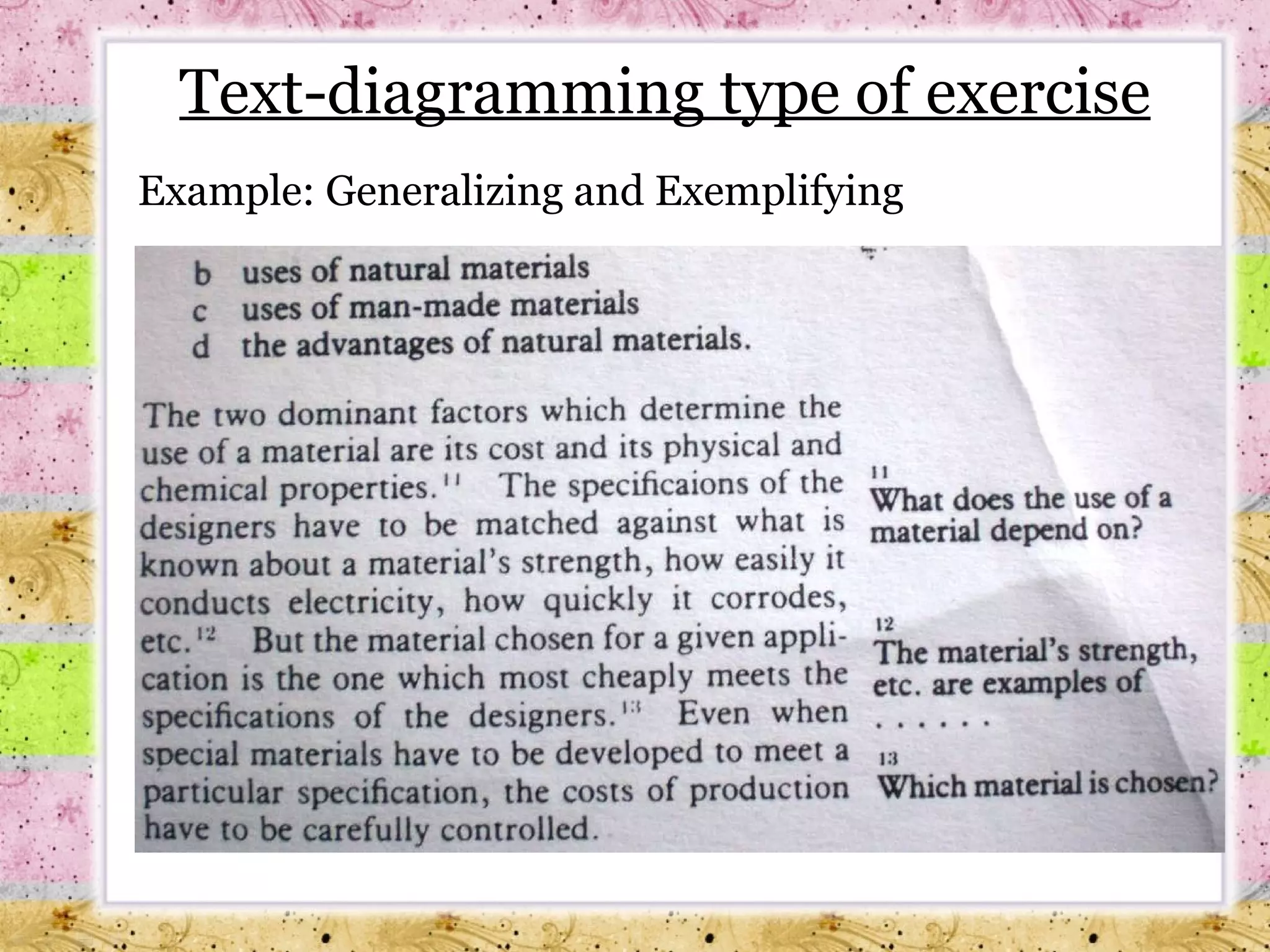 Text-diagramming type of exercise Example: Generalizing and Exemplifying 