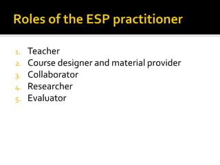 1. Teacher
2. Course designer and material provider
3. Collaborator
4. Researcher
5. Evaluator
 