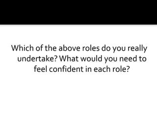 Which of the above roles do you really
undertake?What would you need to
feel confident in each role?
 