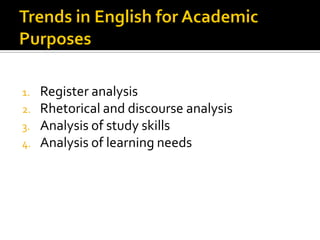 1. Register analysis
2. Rhetorical and discourse analysis
3. Analysis of study skills
4. Analysis of learning needs
 
