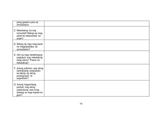 pang gawain para sa
remediation
C. Nakatulong ba ang
remedial? Bilang ng mag-
aaral na nakaunawa sa
aralin?
D. Bilang ng mga mag-aaral
na magpapatuloy sa
remediation?
E. Alin sa mga istratehiyang
pagtuturo ang nakatulong
nang lubos? Paano ito
nakatulong?
F. Anong suliranin ang aking
naranasang solusyunan
sa tulong ng aking
punong-guro at
superbisor?
G. Anong kagamitang
panturo ang aking
nadibuhong nais kong
ibahagi sa mga kapwa ko
guro?
14
 