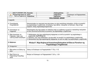 DAILYLESSON LOG
(Pang-araw-araw na
Tala sa Pagtuturo)
Paaralan Baitang/Antas 7
Guro Asignatura Edukasyon sa Pagpapakatao
Petsa/Oras Markahan Una
IKALAWANG ARAW
I. Layunin
A. Pamantayang
Pangnilalaman
Naipamamalas ng mag-aaral ang pag-unawa sa mga inaasahang kakayahan at kilos sa panahon
ng pagdadalaga o pagbibinata, sa kanyang mga talento, kakayahan at kahinaan, hilig at mga
tungkulin bilang nagdadalaga/nagbibinata.
B. Pamantayan sa
Pagganap
Naisasagawa ang mga angkop na hakbang tungo sa paglinang ng apat na inaasahang kakayahan
at kilos (developmental tasks) sa panahon ng pagdadalaga o pagbibinata.
C. Mga kasanayan sa
Pagkatuto. Isulat ang
code ng bawat kasanayan
1. Natatanggap ang mga pagbabagong nagaganap sa sarili sa panahon ng pagdadalaga o
pagbibinata. EsP7PS-Ia-1.2
2. Natutukoy ang mga palatandaan ng pag-unlad sa panahon ng pagdadalaga o pagbibinata.
3. Naisasadula ang mga pagbabagong nagaganap sa sarili sa yugto ng pagdadalaga o pagbibinata
II. Nilalaman Modyul1: Mga Angkop at InaasahangKakayahan at Kilos sa Panahon ng
Pagdadalagao Pagbibinata
A. Sanggunian
1. Mga pahina sa Gabay ng
Guro
Gabay sa Edukasyon sa Pagpapakatao 7 TG p. 1-15
2. Mga Pahina sa
Kagamitang Pang-Mag-
aaral
Modyul sa Edukasyon sa Pagpapakatao 7 LM p. 1-34
15
 