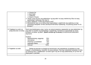 a. Chesire Cat
b. Mad Hatter
c. Catterpilar
d. Queen of Hearts
3. Tukuyin kung ano-ano ang palatandaan ng pag-unlad na iyong makikita kay Alice na isang
nagdadalaga. Ipaliwanag ang mga ito.
4. Paano natagpuan ni Alice ang kanyang sarili?
5. Makatutulong kaya sa iyo bilang isang nagdadalaga o nagbibinata ang paglinang sa mga
inaasahang kakayahan at kilos (developmental tasks)? Ipaliwanag. Sa paanong paraan mo ito
lilinangin?
G. Paglalapat sa aralin sa
pang-araw-araw na buhay
Gamit ang kasalukuyang grupo, bumuo ng isang konseptong nagpapakita ng mga palatandaan ng
pag-unlad sa panahon ng pagdadalaga o pagbibinata. Humanda sa pagsasadula ng inyong
konsepto sa unahan ng klase. (Gawin sa loob ng 10 minuto) (Constructivist/Collaborative
Approach)
Kraytirya:
Makatotohanang pagganap 50%
Orihinalidad 25%
Presensya sa Entablado 15%
Kabuuang Dating 10%
Kabuuan 100%
H. Paglalahat sa aralin Bahagi ng pag-iwan sa daigdig ng kamusmusan ang pagsalubong at pagyakap sa mga
tungkulin at pananagutang inaasahan sa isang kabataan. Ang mga inaasahang kakayahan at kilos
ay maaaring totoo o naglalarawan sa kanila ngunit ang ilan sa mga palatandaang ito ay hindi nila
dapat gawin o ipamalas.
20
 