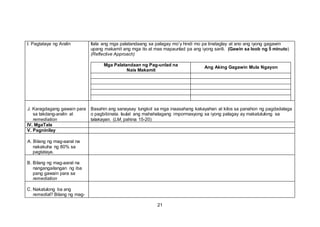 I. Pagtataya ng Aralin Itala ang mga palatandaang sa palagay mo’y hindi mo pa tinataglay at ano ang iyong gagawin
upang makamit ang mga ito at mas mapaunlad pa ang iyong sarili. (Gawin sa loob ng 5 minuto)
(Reflective Approach)
Mga Palatandaan ng Pag-unlad na
Nais Makamit
Ang Aking Gagawin Mula Ngayon
J. Karagdagang gawain para
sa takdang-aralin at
remediation
Basahin ang sanaysay tungkol sa mga inaasahang kakayahan at kilos sa panahon ng pagdadalaga
o pagbibinata. Isulat ang mahahalagang impormasyong sa iyong palagay ay makatutulong sa
talakayan. (LM, pahina 15-20)
IV. MgaTala
V. Pagninilay
A. Bilang ng mag-aaral na
nakakuha ng 80% sa
pagtataya.
B. Bilang ng mag-aaral na
nangangailangan ng iba
pang gawain para sa
remediation
C. Nakatulong ba ang
remedial? Bilang ng mag-
21
 